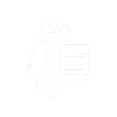 Icon of bag of money, paperwork, and percent sign