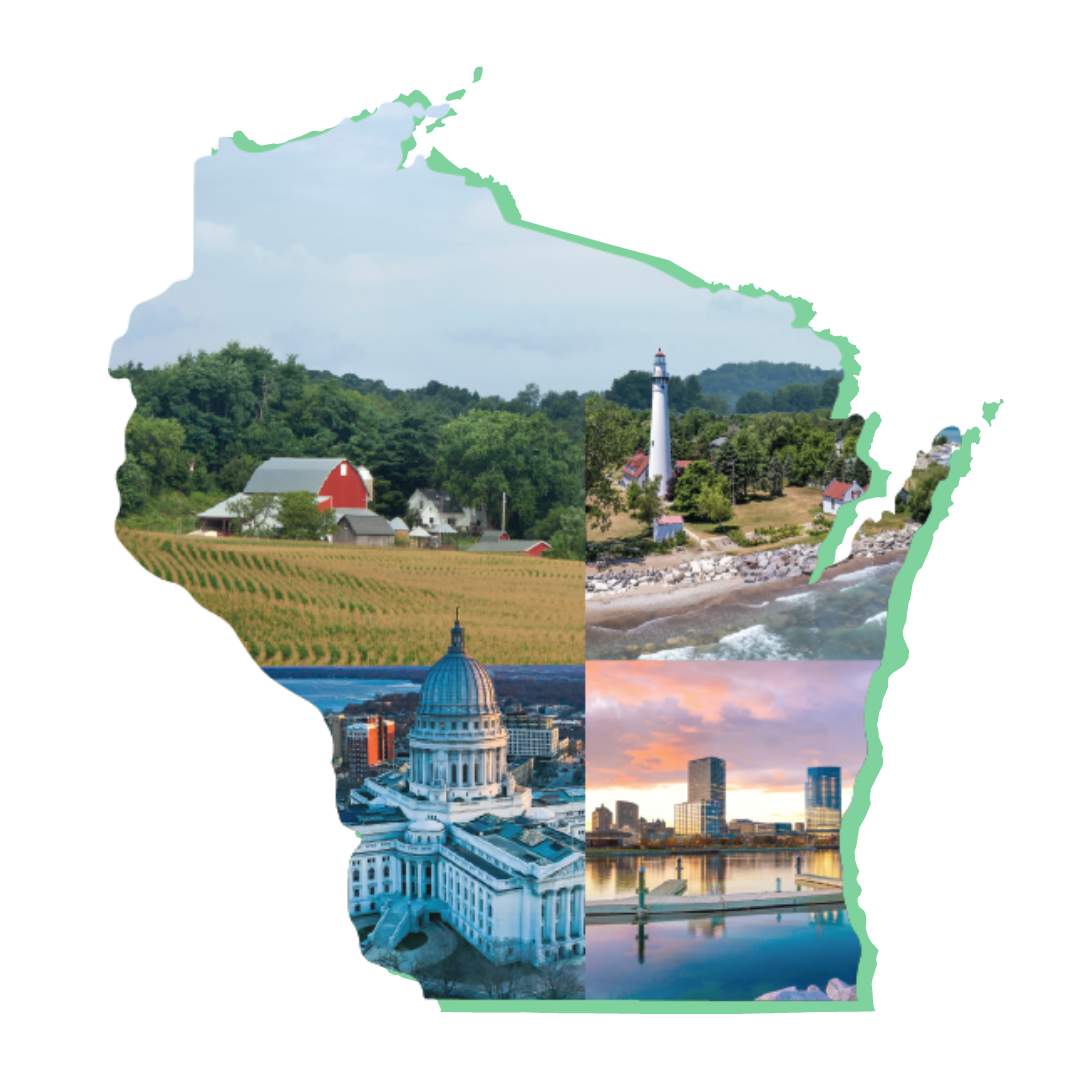 outline of the state of wisconsin with photos of farms, the state capitol, and the lake inside