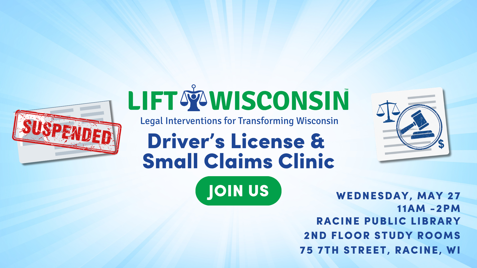 flyer describing the clinic date and time (Mat 27, 2026 at Racine Public Library 11am-2pm)