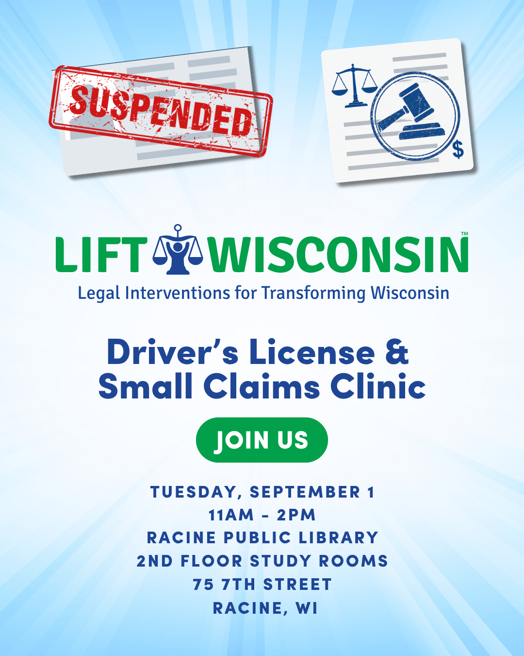 blue and white flyer describing details for the driver's license and small claims clinic at the Racine Public Library 11am-2pm on Sept. 1